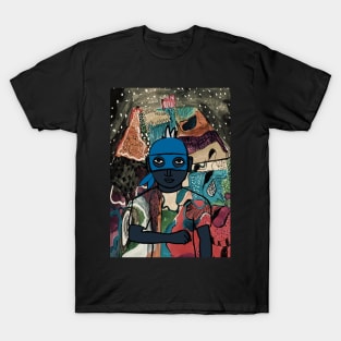 Mysterious Male Character with Basic Mask and Blue Accents in a Night of Secrets T-Shirt